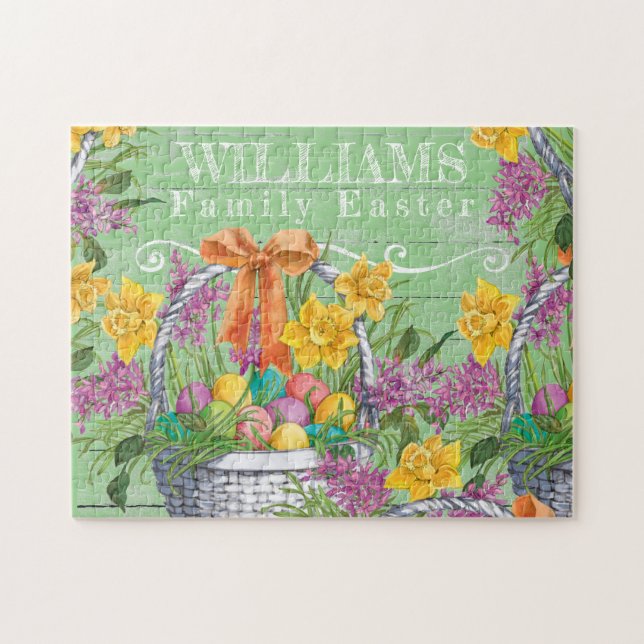 Rustic Easter Basket Eggs Floral Family Name Jigsaw Puzzle (Horizontal)