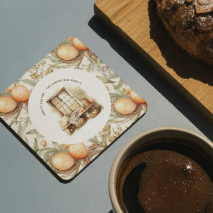 Rustic Easter Beige  Family Name Round Paper Coaster