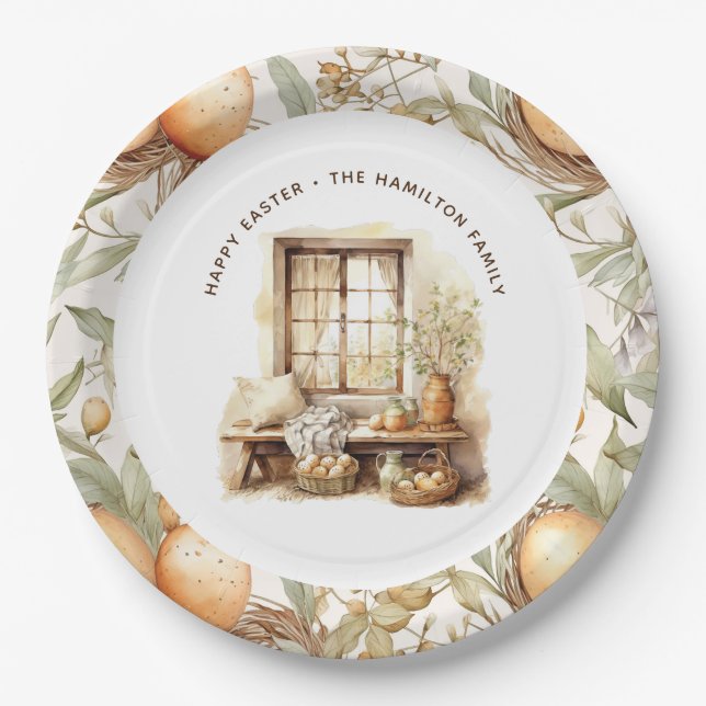 Rustic Easter Beige Personalised Family Name Paper Plate (Front)