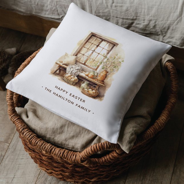 Rustic Easter Beige Watercolor Family Name Cushion (Creator Uploaded)