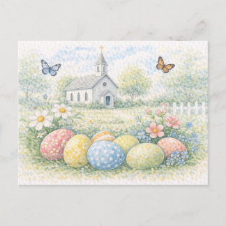 Rustic Easter Church Watercolor Postcard