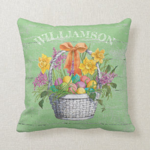Rustic Easter Eggs Floral Basket on Green Cushion