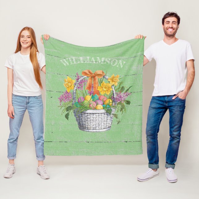 Rustic Easter Eggs Floral Basket on Green Fleece Blanket (In Situ)