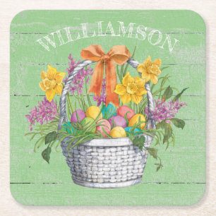 Rustic Easter Eggs Floral Basket on Green Square Paper Coaster