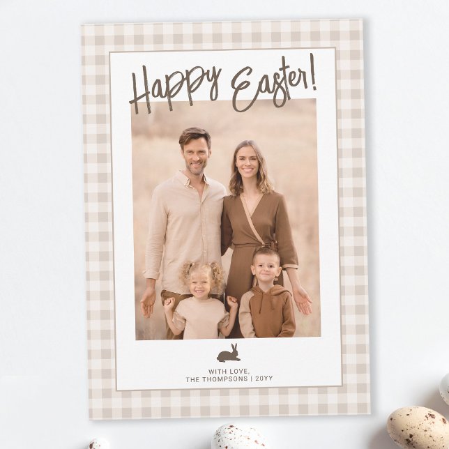 Rustic Easter Family Photo Beige Gingham And Bunny Card (Creator Uploaded)