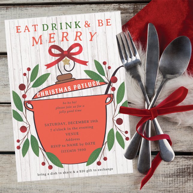 Rustic Eat Drink and Be Merry Christmas Potluck Invitation (Rustic Eat Drink and Be Merry Christmas Potluck Invitation for Church Family Office Xmas Parties)
