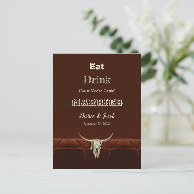 Rustic Eat Drink Married Wedding Bull Skull Announcement Postcard (Standing Front)