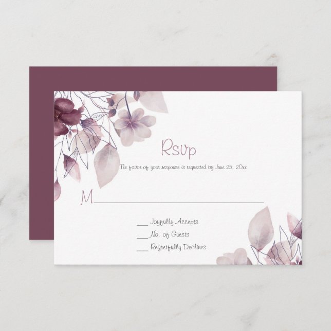 Rustic Eggplant, Dusty Purple, Mauve Pink Floral RSVP Card (Front/Back)