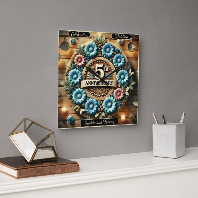 Rustic Elegance: Anniversary Floral Circle Design Square Wall Clock (Office)