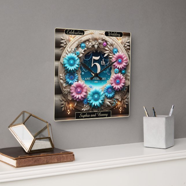 Rustic Elegance: Anniversary Floral Design Square Wall Clock (Office)