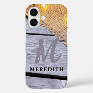 Rustic Elegance Barn Wood Burlap Name and Monogram iPhone 16 Case