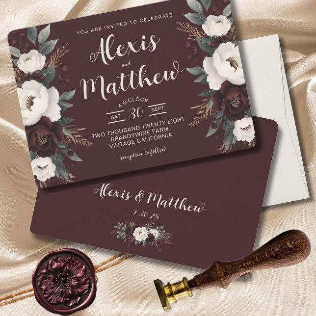 Rustic Elegance Burgundy Floral Wedding  Invitation (Boho Rustic Farmhouse Chic Modern Wedding Invitation)