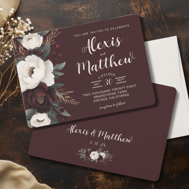 Rustic Elegance Burgundy Floral Wedding  Invitation (Rustic Elegance Burgundy Boho Wedding Invitation, Winter Wedding, Country Chic)