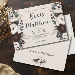 Rustic Elegance Creme & Burgundy Floral Wedding  Invitation