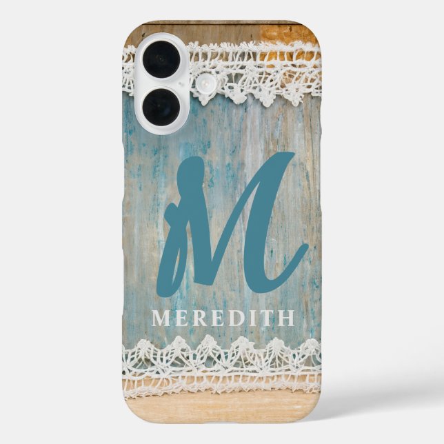 Rustic Elegance Monogram Burlap Lace Barnwood Case-Mate iPhone Case (Back)
