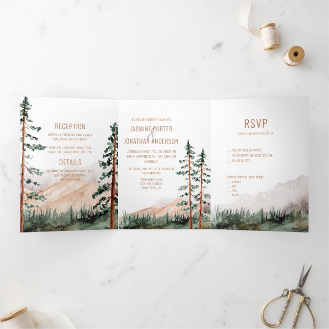 Rustic Elegance Mountains Forest Pine Spruce Trees Tri-Fold Invitation (Inside)