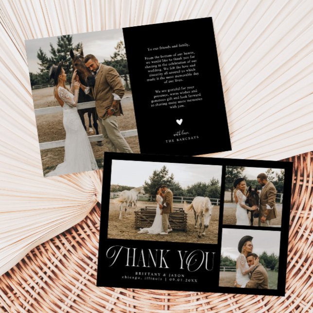 Rustic Elegance Photo Collage Wedding Black Thank You Card (Creator Uploaded)