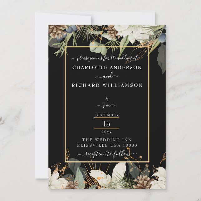 Rustic Elegance, Pinecone Border on Black  Invitation (Front)