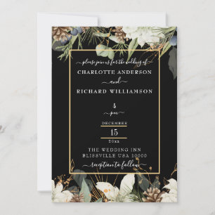 Rustic Elegance, Pinecone Border on Black  Invitation