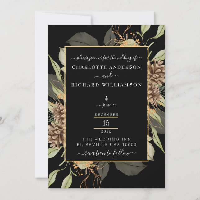 Rustic Elegance, Pinecone Frame on Black  Invitation (Front)