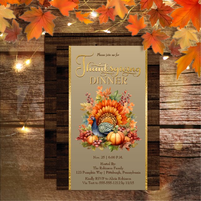 Rustic Elegance Pumpkin Floral | Wood Thanksgiving Invitation (Rustic Elegance Pumpkin Floral and Faux Wood Thanksgiving Dinner Invitation)