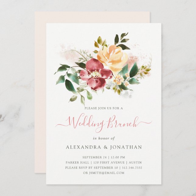 Rustic Elegance | Watercolor Floral Wedding Brunch Invitation (Front/Back)