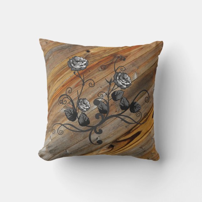 Rustic Elegance Wood And Roses Cushion (Front)