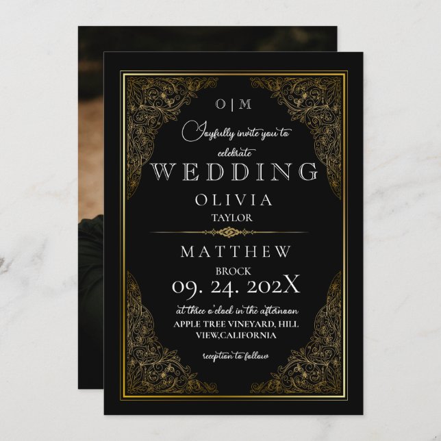 Rustic elegant black gold ornate romantic Wedding Invitation (Front/Back)