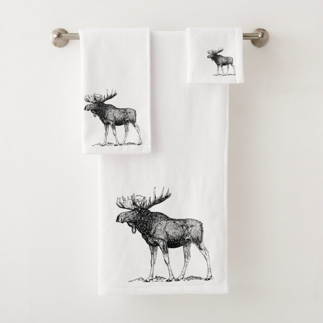 Rustic Elegant Black & White Moose Illustration Bath Towel Set (Insitu)