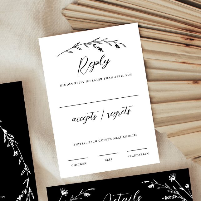 Rustic Elegant Black & White Wildflower Wedding RSVP Card (Creator Uploaded)