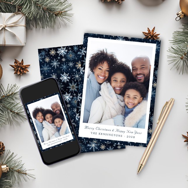 Rustic Elegant Blue Snowflakes Holiday Photo (Rustic Elegant Blue Snowflakes Holiday Photo Christmas Card)