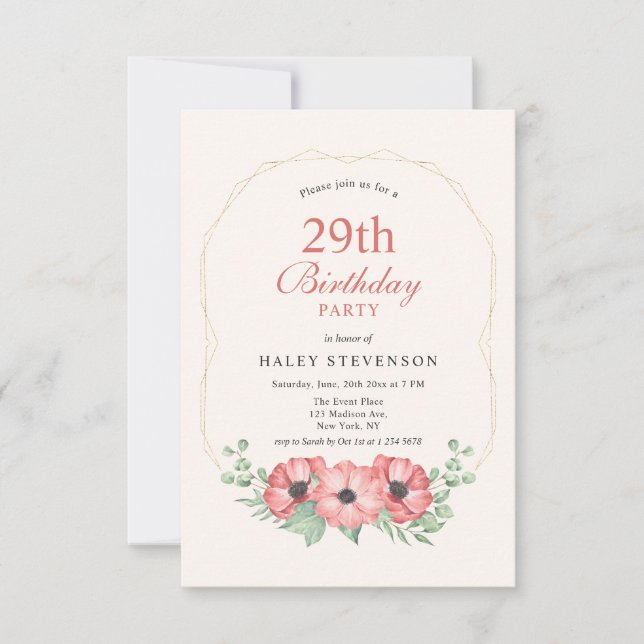 Rustic Elegant Blush Pink Floral 29th Birthday Invitation (Front)