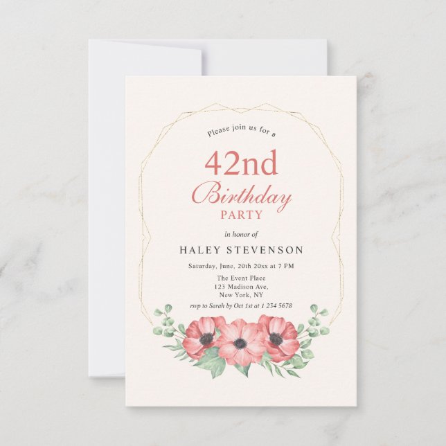 Rustic Elegant Blush Pink Floral 42nd Birthday Invitation (Front)