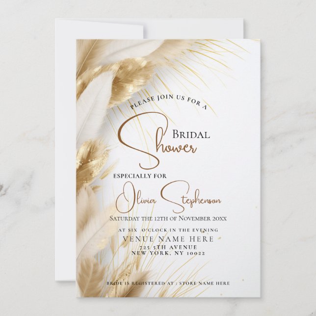 Rustic Elegant Bohemian Floral Gold Pampas  Invitation (Front)