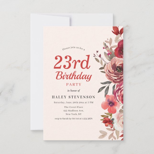 Rustic Elegant Boho Chic Floral 23rd Birthday Invitation (Front)