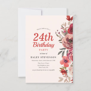 Rustic Elegant Boho Chic Floral 24th Birthday Invitation