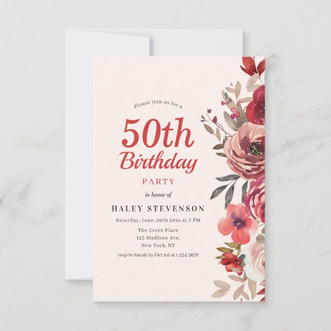 Rustic Elegant Boho Chic Floral 50th Birthday Invitation (Front)