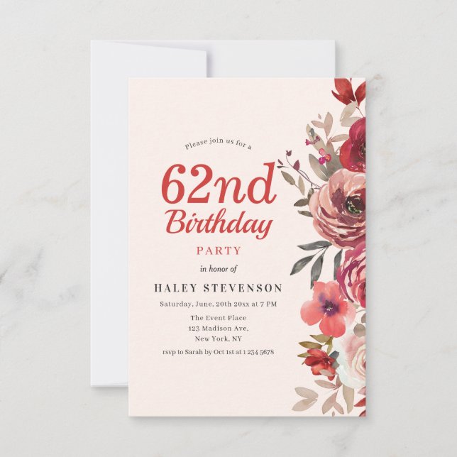Rustic Elegant Boho Chic Floral 62nd Birthday Invitation (Front)