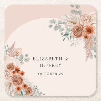 Rustic Elegant Boho Terracotta Pampas Wedding Square Paper Coaster