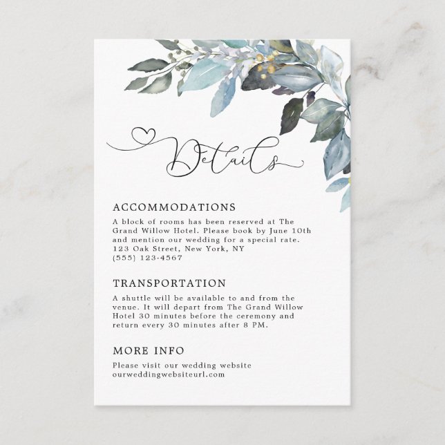 Rustic Elegant Botanical Greenery Wedding Details Enclosure Card (Front)