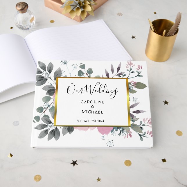 Rustic elegant botanical watercolor floral Wedding Guest Book (Front Open)