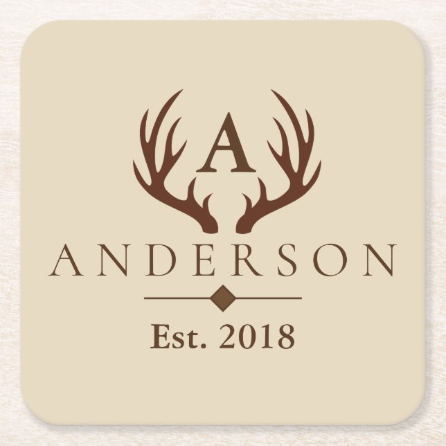 Rustic Elegant Brown Deer Antlers & Family Name Square Paper Coaster (Front)