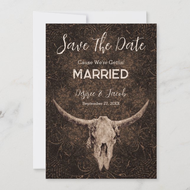 Rustic Elegant Brown Western Bull Skull Save The Date (Front)