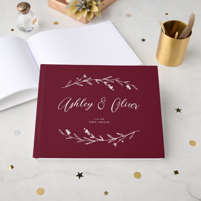 Rustic Elegant Burgundy Wildflowers Wedding Guest Book (Front Open)