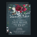 Rustic elegant Christmas housewarming party Invitation<br><div class="desc">Elegant chic winter housewarming party stylish invitation template on a dark midnight navy blue chalkboard featuring a beautiful red burgundy and white peony roses bouquet with dark green foliage, strings of white twinkle lights, and a handwritten calligraphy script. Easy to personalise with your details! The invitation is suitable for elegant...</div>