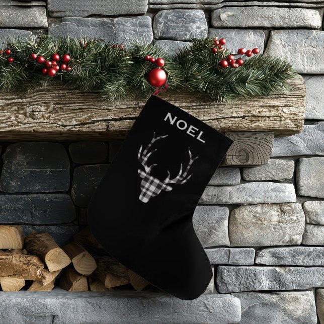 Rustic Elegant Christmas Plaid Deer Stockings (chic personalized christmas stocking. modern black plaid check deer.)