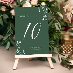 Rustic Elegant Dark Green Wildflowers Boho Wedding Table Number