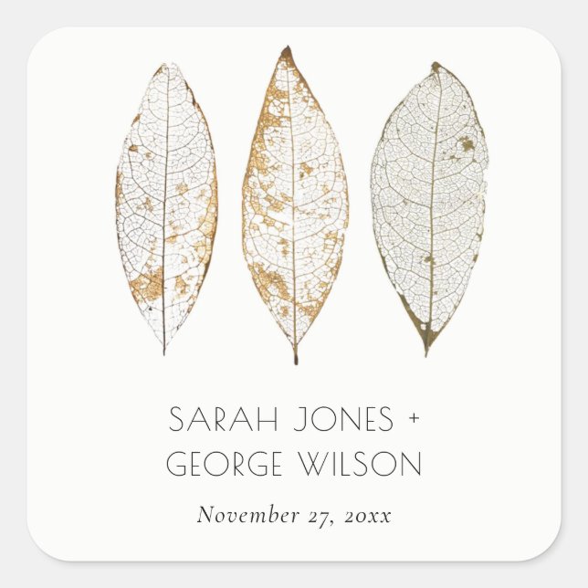 Rustic Elegant Dry Vein Gold Rust Leaves Wedding Square Sticker (Front)