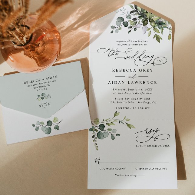 Rustic Elegant Eucalyptus Leaves Greenery Wedding  All In One Invitation (Creator Uploaded)