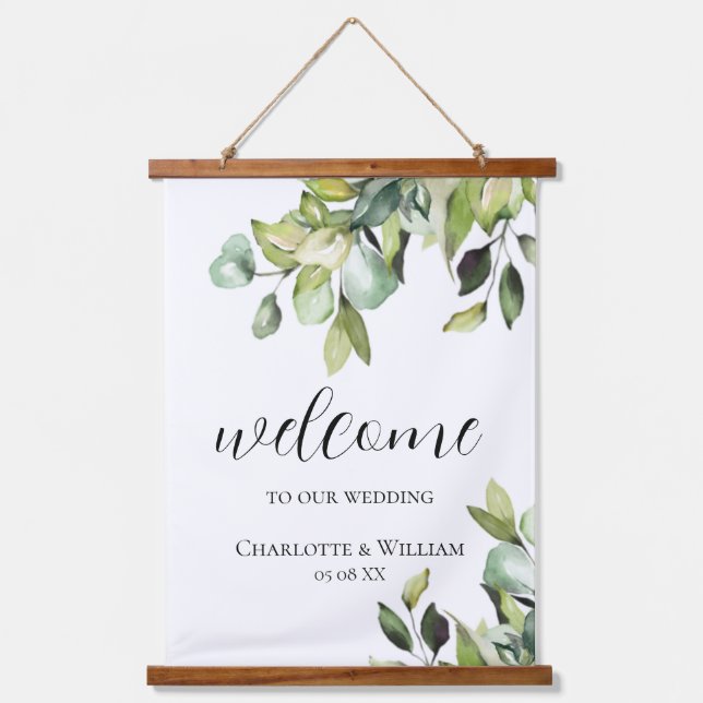 Rustic Elegant Eucalyptus Wedding Welcome Hanging Tapestry (Front)